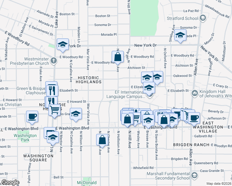 map of restaurants, bars, coffee shops, grocery stores, and more near 1575 North Holliston Avenue in Pasadena