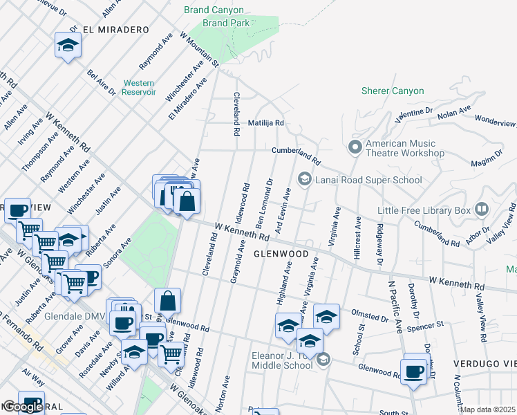 map of restaurants, bars, coffee shops, grocery stores, and more near 1541 Ben Lomond Drive in Glendale
