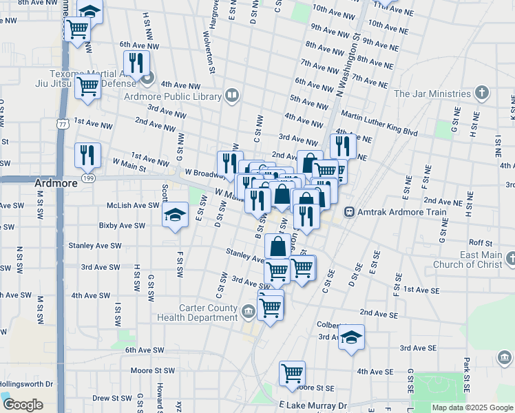 map of restaurants, bars, coffee shops, grocery stores, and more near 214 Oklahoma 199 in Ardmore