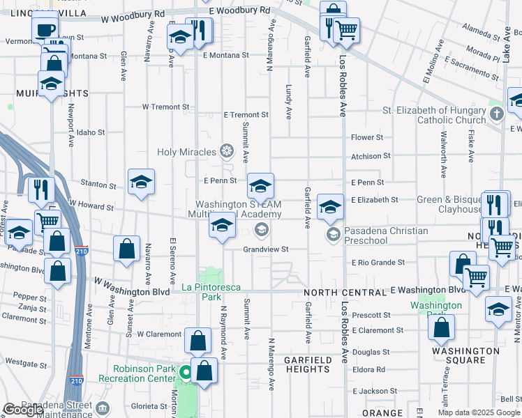 map of restaurants, bars, coffee shops, grocery stores, and more near 1505 Marengo Avenue in Pasadena