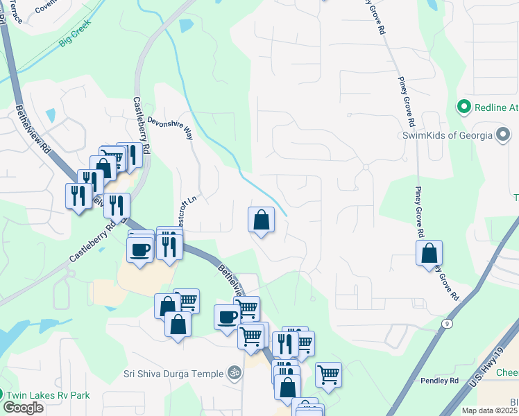 map of restaurants, bars, coffee shops, grocery stores, and more near 6525 Quillin Court in Cumming