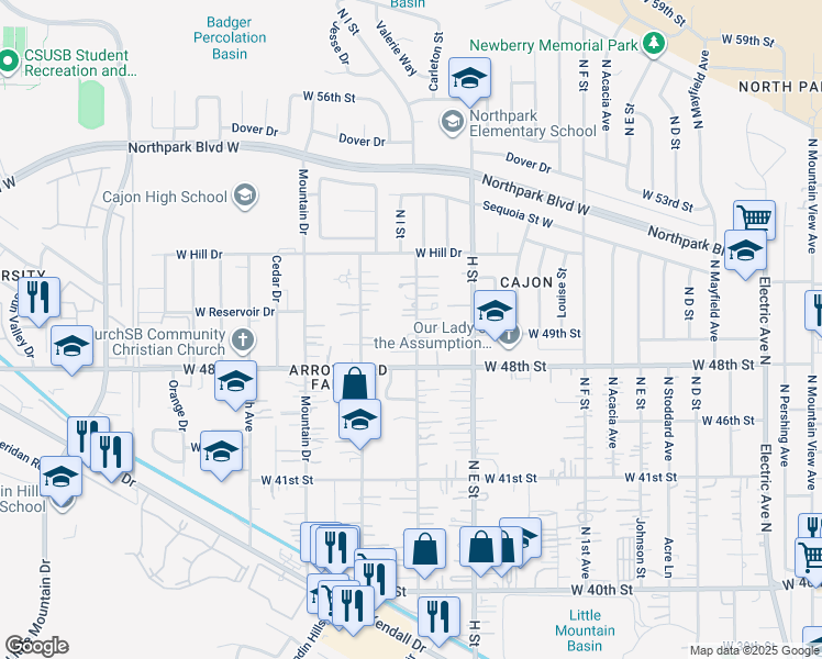 map of restaurants, bars, coffee shops, grocery stores, and more near 4236 North F Street in San Bernardino