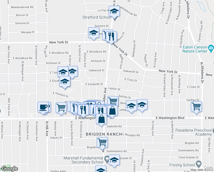 map of restaurants, bars, coffee shops, grocery stores, and more near 1570 Allen Avenue in Pasadena