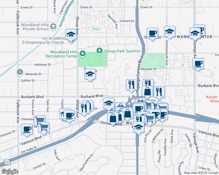 map of restaurants, bars, coffee shops, grocery stores, and more near 5636 Farralone Avenue in Los Angeles