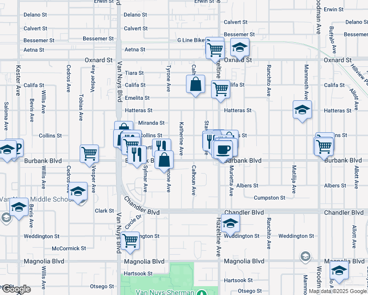 map of restaurants, bars, coffee shops, grocery stores, and more near 5628 Katherine Avenue in Los Angeles