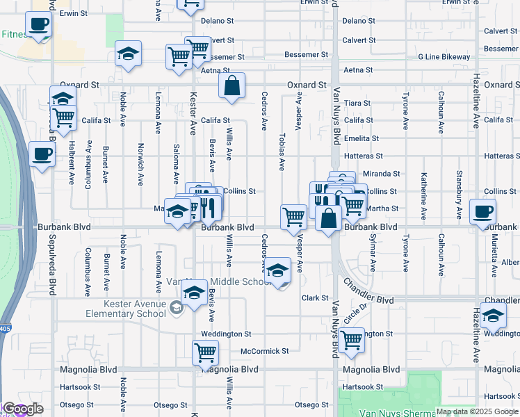 map of restaurants, bars, coffee shops, grocery stores, and more near 5629 Cedros Avenue in Los Angeles