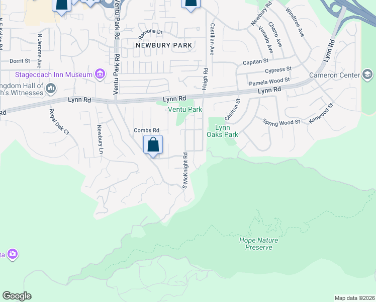 map of restaurants, bars, coffee shops, grocery stores, and more near 304 South McKnight Road in Ventura County