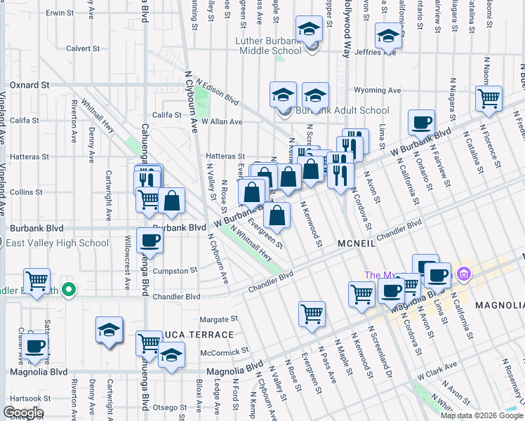 map of restaurants, bars, coffee shops, grocery stores, and more near 4114 West Burbank Boulevard in Burbank