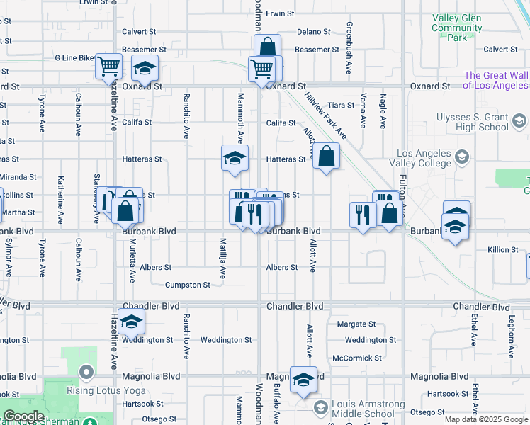 map of restaurants, bars, coffee shops, grocery stores, and more near 5630 Woodman Ave in Los Angeles