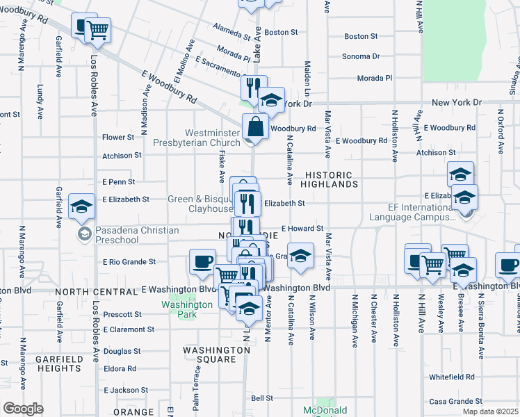 map of restaurants, bars, coffee shops, grocery stores, and more near 928 East Elizabeth Street in Pasadena