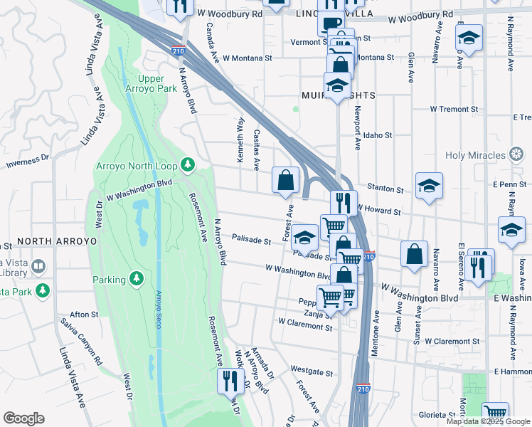 map of restaurants, bars, coffee shops, grocery stores, and more near 643 Del Monte Street in Pasadena