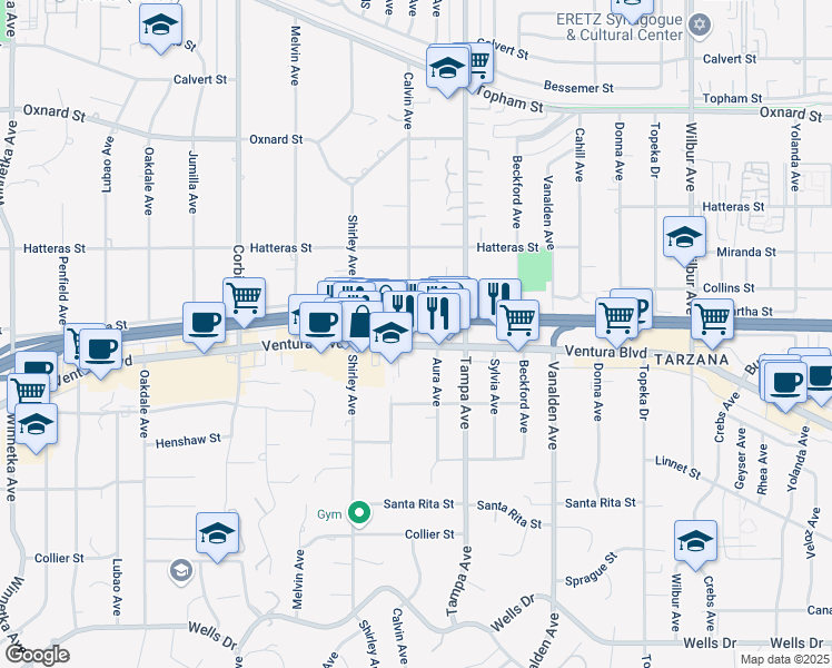 map of restaurants, bars, coffee shops, grocery stores, and more near 19353 Ventura Boulevard in Los Angeles