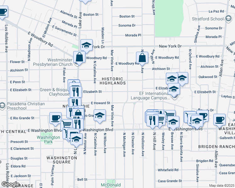 map of restaurants, bars, coffee shops, grocery stores, and more near 1164 East Elizabeth Street in Pasadena