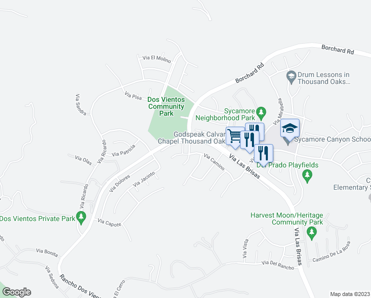 map of restaurants, bars, coffee shops, grocery stores, and more near 308 Via Brava in Thousand Oaks