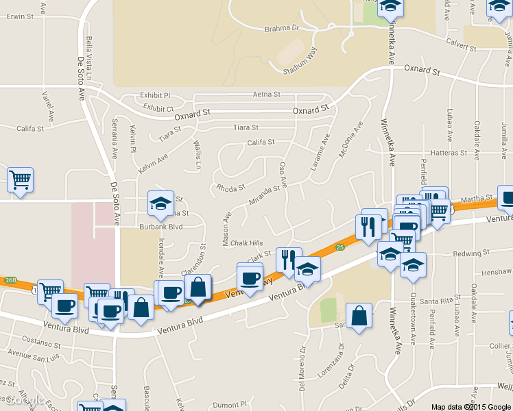 map of restaurants, bars, coffee shops, grocery stores, and more near 20458 Miranda Street in Los Angeles