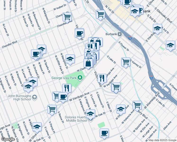 map of restaurants, bars, coffee shops, grocery stores, and more near 917 West Olive Avenue in Burbank
