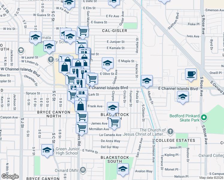 map of restaurants, bars, coffee shops, grocery stores, and more near 432 East Channel Islands Boulevard in Oxnard