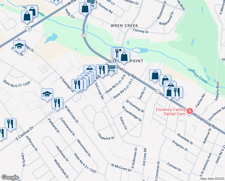 map of restaurants, bars, coffee shops, grocery stores, and more near 1514 State Road S-21-516 in Florence