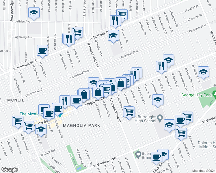 map of restaurants, bars, coffee shops, grocery stores, and more near 830 North Buena Vista Street in Burbank
