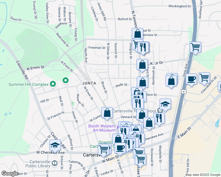 map of restaurants, bars, coffee shops, grocery stores, and more near 336 North Gilmer Street in Cartersville