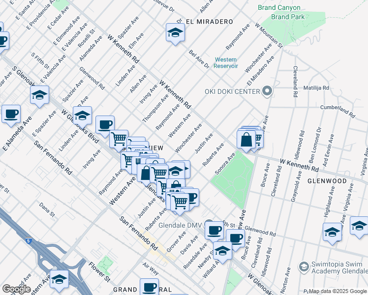 map of restaurants, bars, coffee shops, grocery stores, and more near 1216 Winchester Avenue in Glendale