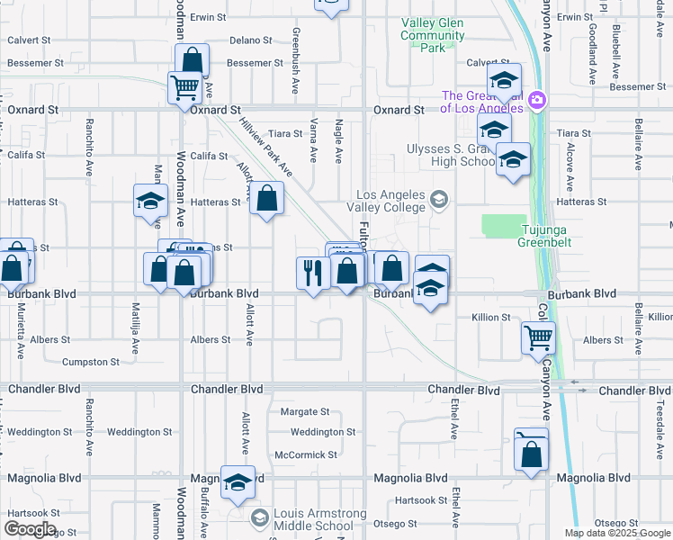 map of restaurants, bars, coffee shops, grocery stores, and more near 13341 Martha Street in Los Angeles
