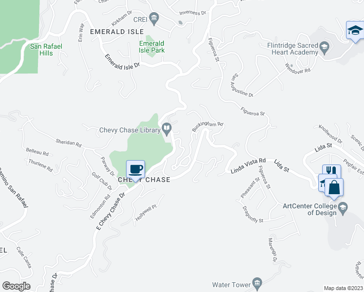 map of restaurants, bars, coffee shops, grocery stores, and more near 3290 Buckingham Road in Glendale