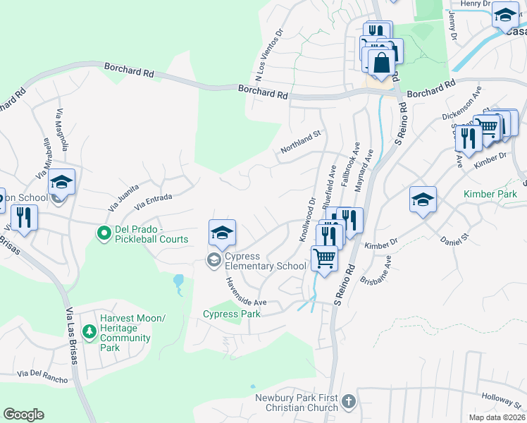 map of restaurants, bars, coffee shops, grocery stores, and more near 349 Longwood Court in Thousand Oaks