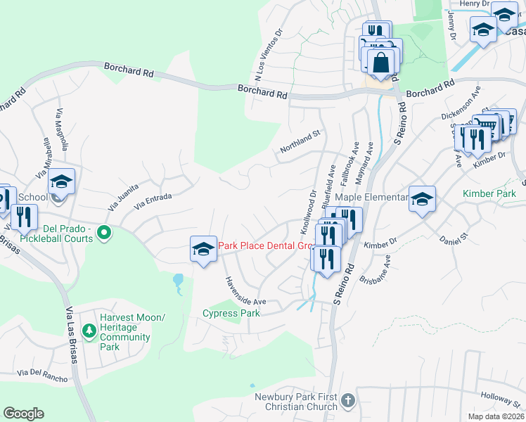 map of restaurants, bars, coffee shops, grocery stores, and more near 349 Longwood Court in Thousand Oaks