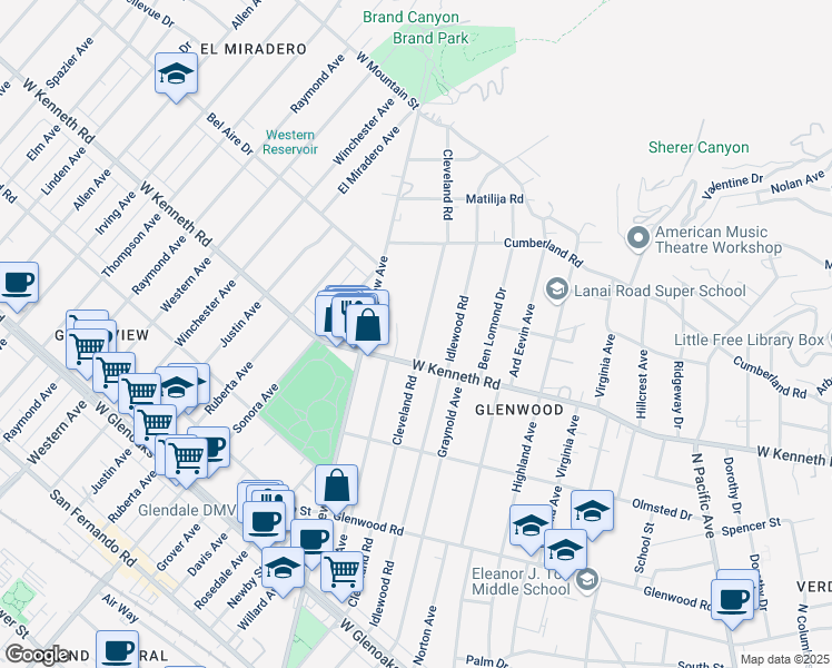 map of restaurants, bars, coffee shops, grocery stores, and more near 1526 Cleveland Road in Glendale