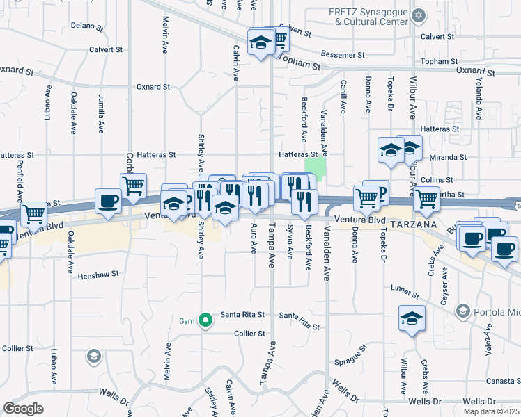map of restaurants, bars, coffee shops, grocery stores, and more near 19307 Ventura Boulevard in Los Angeles