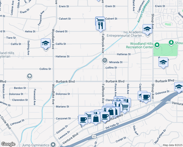 map of restaurants, bars, coffee shops, grocery stores, and more near 22858 Collins Street in Los Angeles