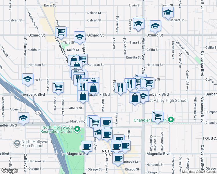 map of restaurants, bars, coffee shops, grocery stores, and more near 5631 Klump Avenue in Los Angeles
