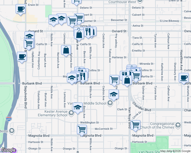 map of restaurants, bars, coffee shops, grocery stores, and more near 5630 Willis Avenue in Los Angeles