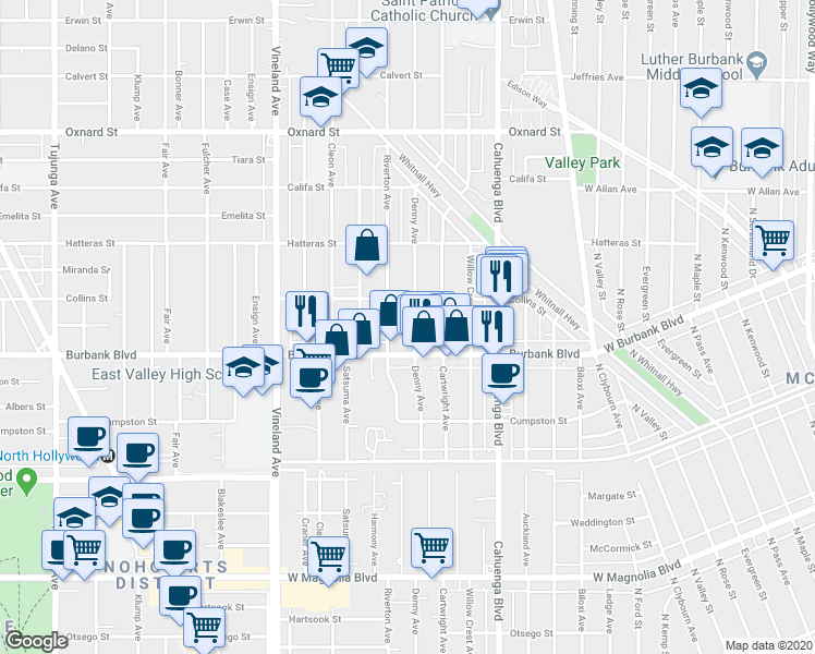 map of restaurants, bars, coffee shops, grocery stores, and more near 5627 Denny Avenue in Los Angeles