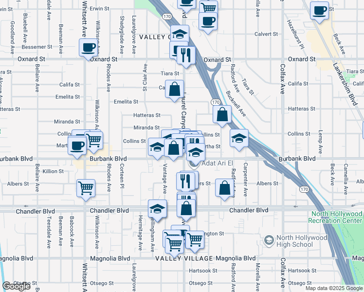 map of restaurants, bars, coffee shops, grocery stores, and more near 5626 Laurel Canyon Boulevard in Los Angeles