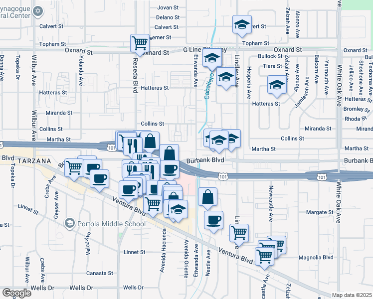 map of restaurants, bars, coffee shops, grocery stores, and more near 18307 Burbank Boulevard in Los Angeles