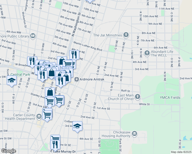 map of restaurants, bars, coffee shops, grocery stores, and more near 105 E Street Northeast in Ardmore