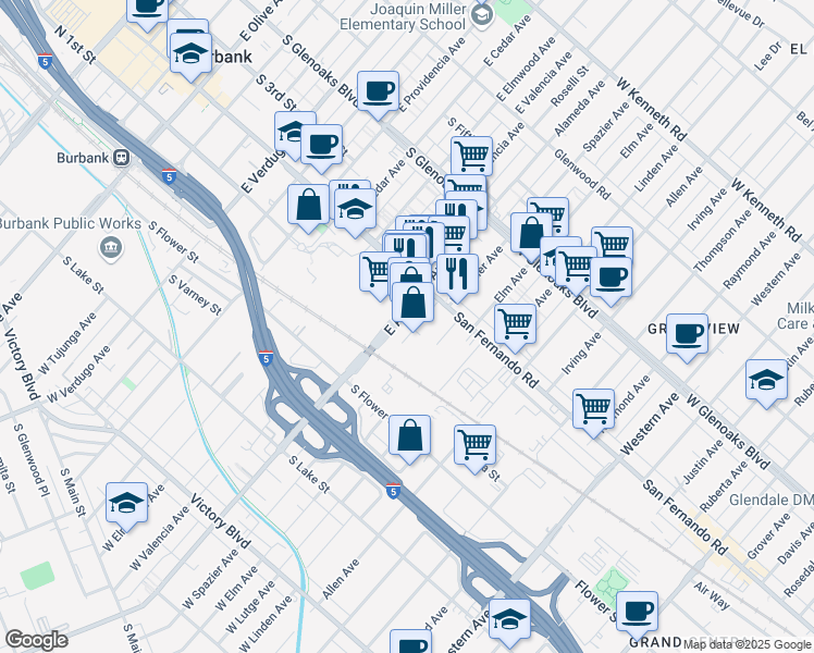 map of restaurants, bars, coffee shops, grocery stores, and more near 116 West Alameda Avenue in Burbank