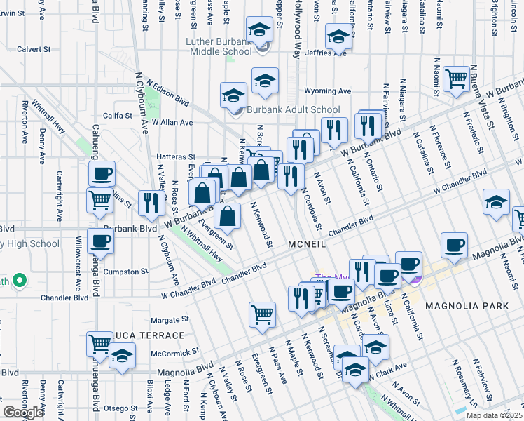map of restaurants, bars, coffee shops, grocery stores, and more near 1320 North Kenwood Street in Burbank