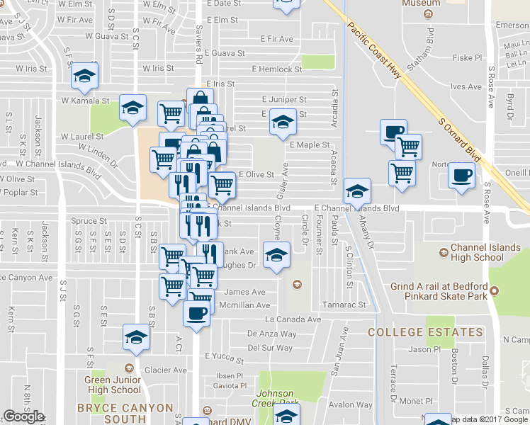 map of restaurants, bars, coffee shops, grocery stores, and more near 432 East Channel Islands Boulevard in Oxnard