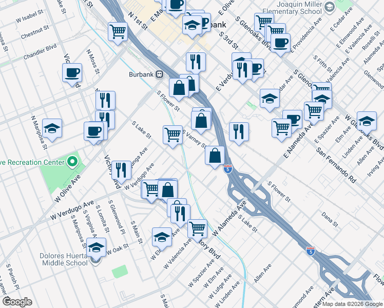 map of restaurants, bars, coffee shops, grocery stores, and more near 418 South Lake Street in Burbank