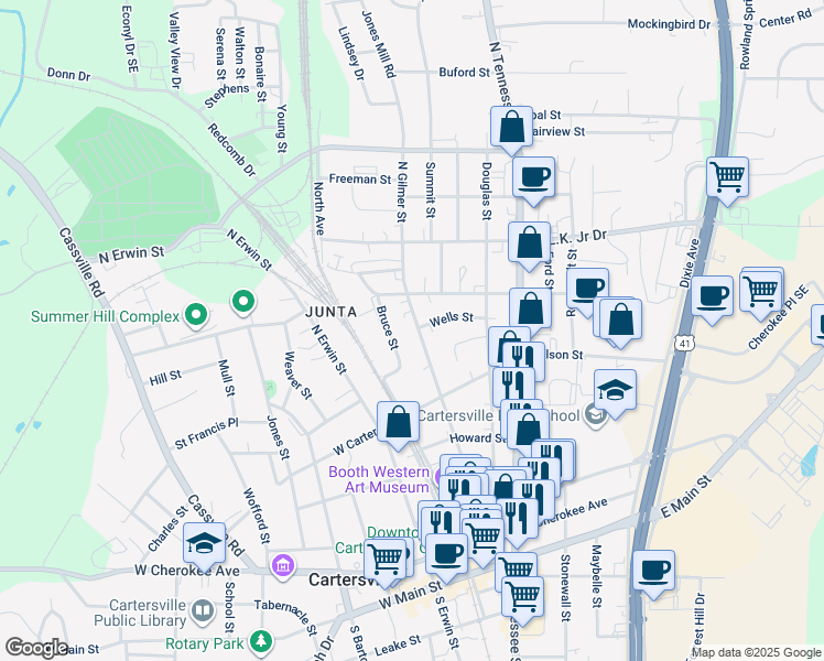map of restaurants, bars, coffee shops, grocery stores, and more near 336 North Gilmer Street in Cartersville