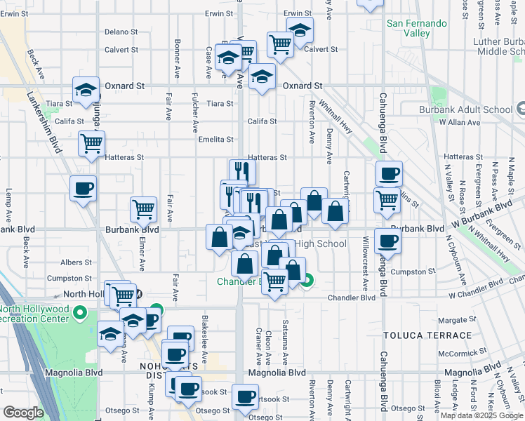 map of restaurants, bars, coffee shops, grocery stores, and more near 5630 Craner Avenue in Los Angeles