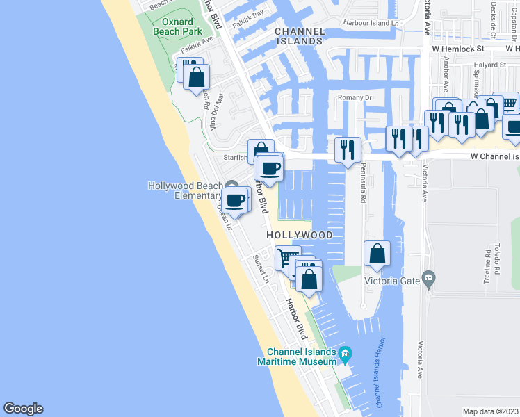 map of restaurants, bars, coffee shops, grocery stores, and more near 2945 Harbor Boulevard in Oxnard