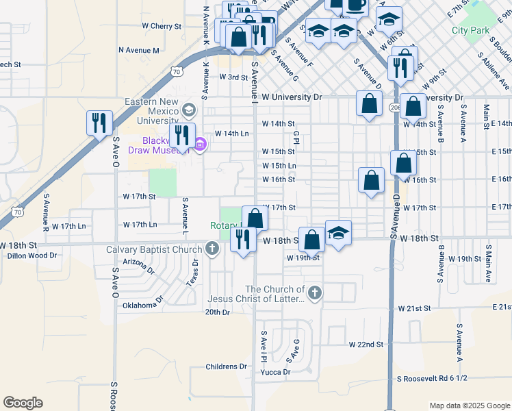 map of restaurants, bars, coffee shops, grocery stores, and more near 927 West 17th Street in Portales