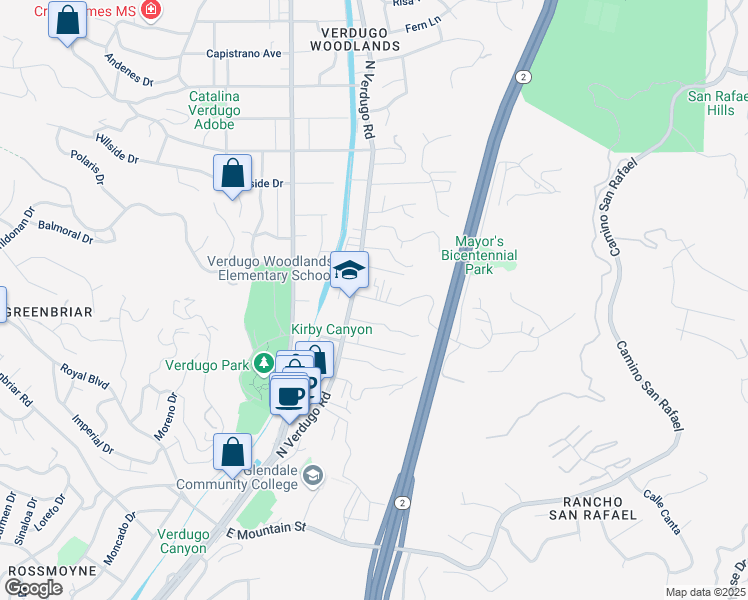 map of restaurants, bars, coffee shops, grocery stores, and more near 1820 Sherer Lane in Glendale