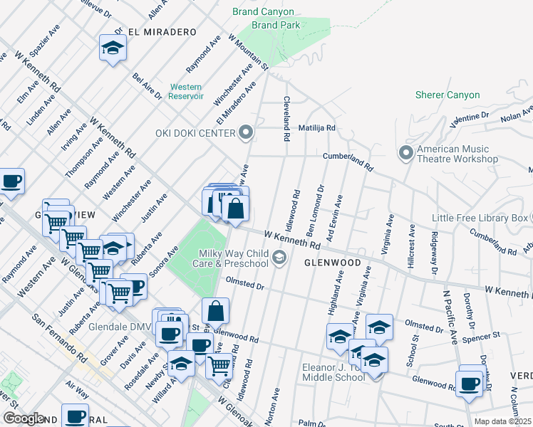 map of restaurants, bars, coffee shops, grocery stores, and more near 1526 Cleveland Road in Glendale