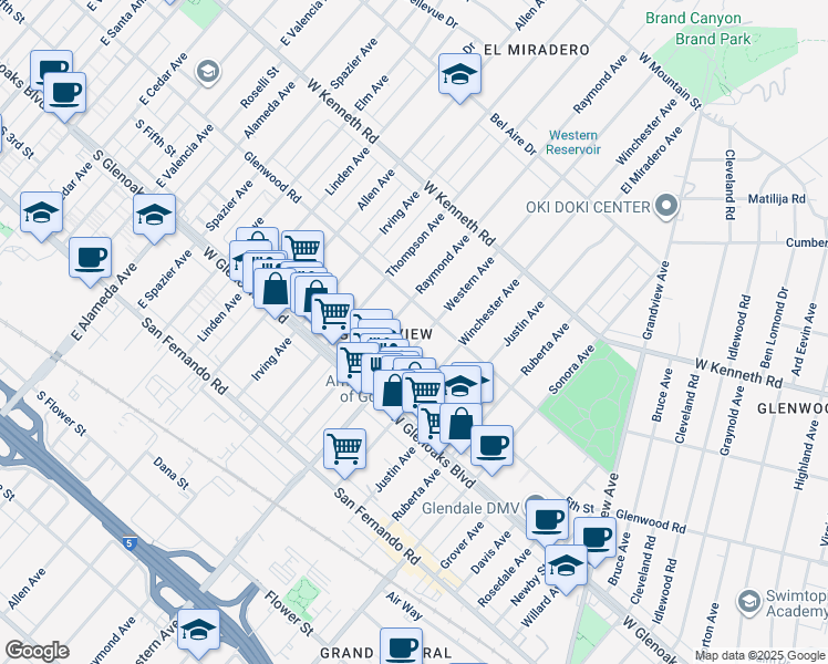map of restaurants, bars, coffee shops, grocery stores, and more near in Glendale
