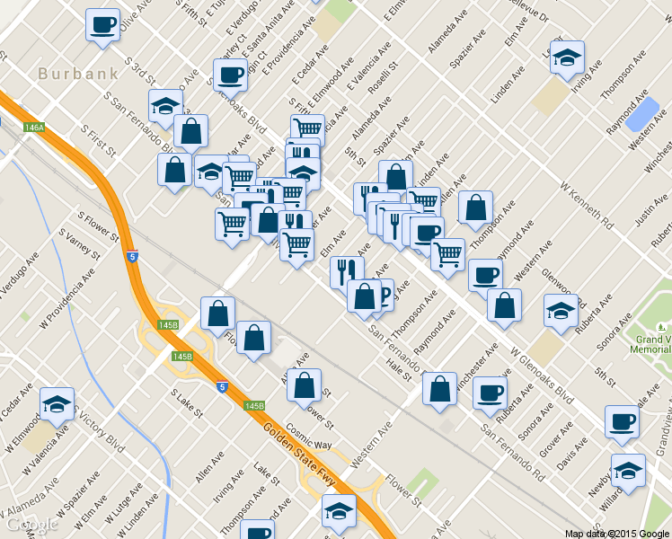 map of restaurants, bars, coffee shops, grocery stores, and more near 1028 Linden Avenue in Glendale